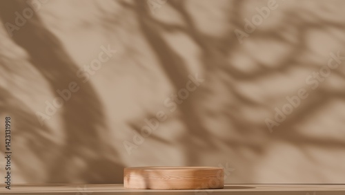 Minimal plaster wall backdrop featuring a palm shadow for product placement. Elegant summertime interior design for architecture. Mockup of a creative product platform stage