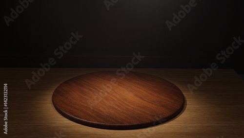 An empty wooden podium with a minimal design and natural finish, illuminated by soft light in warm earthy tones, creating a simple yet elegant visual