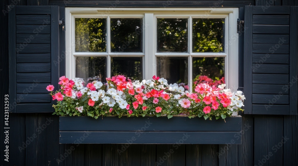 A window featuring a floral box with shutters and a white frame