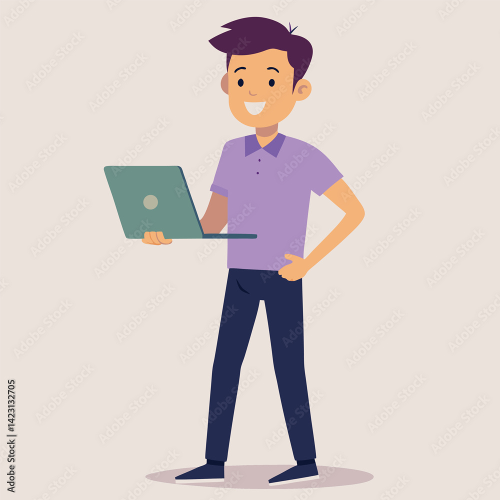 Young Man Using Laptop Concept Vector Illustration Young Man Using Laptop Concept Vector Illustration