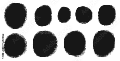 Handmade charcoal circle callout set. Polka dots aerosol spray shapes pack. Vector black hand drawn round note figures collection illustration isolated on white background.