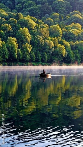 Wallpaper Mural Man relaxing alone on tranquil misty lake Torontodigital.ca