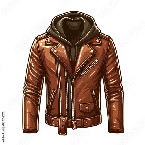 Brown leather biker jacket with hood and metal details. Perfect for fashion collections, urban streetwear marketing, and vintage clothing stores.
