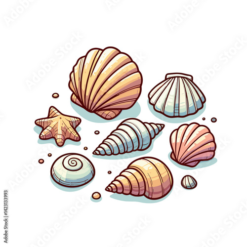 Collection of seashells in various shapes and colors. Perfect for beach souvenirs, coastal decor or marine biology illustrations.