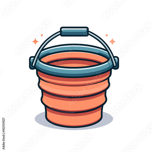 Collapsible orange bucket with blue handle and folding design. Perfect for camping equipment, space-saving household items, and outdoor activity gear.
