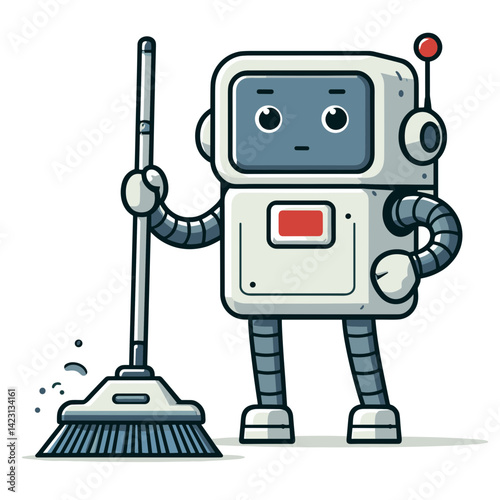 Cute robot character with broom in cleaning pose. Perfect for cleaning service automation, smart home technology, and robotic helper concepts.