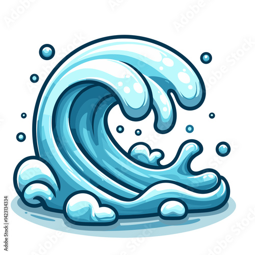 Ocean wave with splashing water and cartoon face in blue tones. Ideal for water sports, beach activities, and marine environment illustrations.