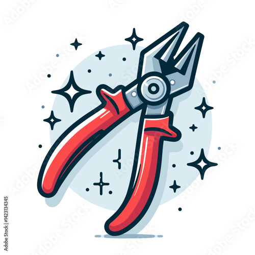 Red wire cutters with metallic blades and sparkle effect. Perfect for DIY tools, electrical work equipment, and handyman instrument illustrations.