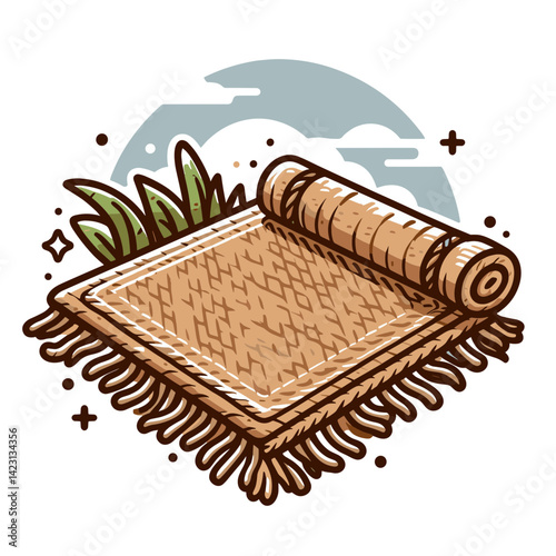 Woven straw mat with natural reed edges in beige tones. Ideal for home decor, eco-friendly furnishings, and natural material concepts.