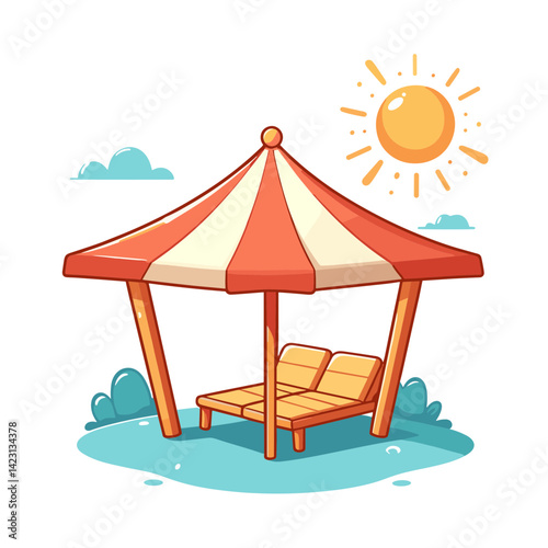 Beach gazebo with wooden bench under sunny sky with clouds. Ideal for vacation resorts, outdoor relaxation spots, and summer getaway destinations.