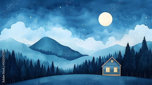 Serene Nighttime Watercolor Landscape Moonlit House in Blue Mountain Forest