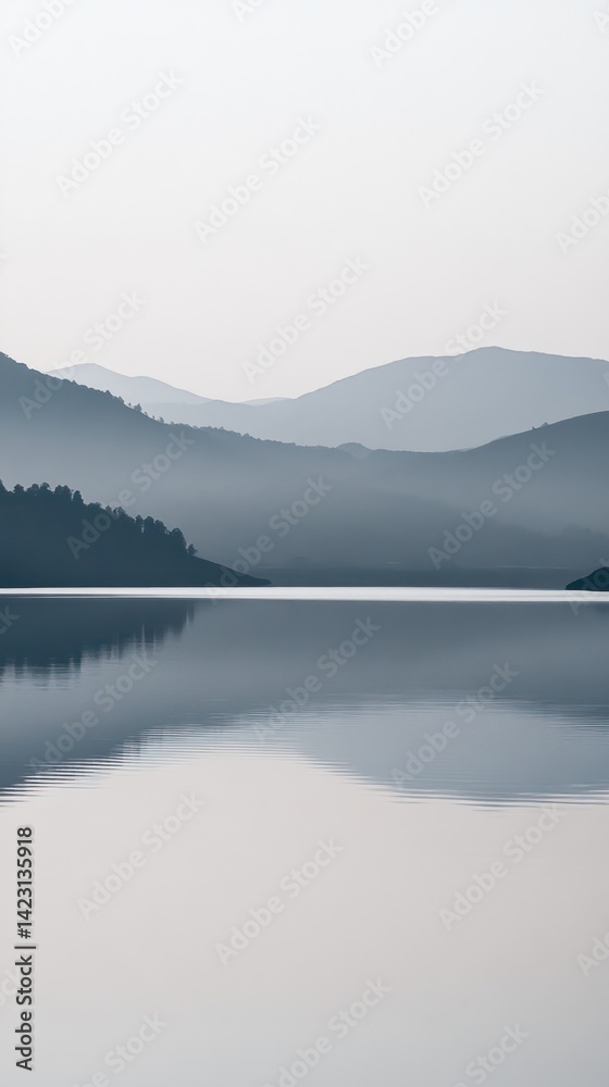 Obraz premium Tranquil mountain lake scene with mirrored reflections.