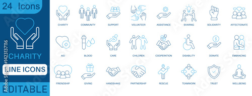 Charity line icon set editable vector symbols for donation, support, care, community, volunteering, health, aid, and wellbeing. Perfect for NGO, medical, and humanitarian use.