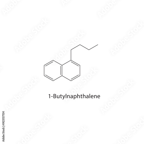 1-Butylnaphthalene skeletal structure. Alkylated aromatic compound schematic illustration. Simple diagram, chemical formula.