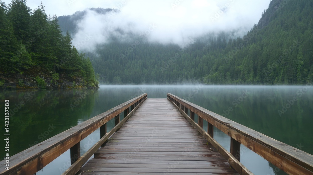 Obraz premium A wooden dock extends into a misty lake surrounded by lush green forests.