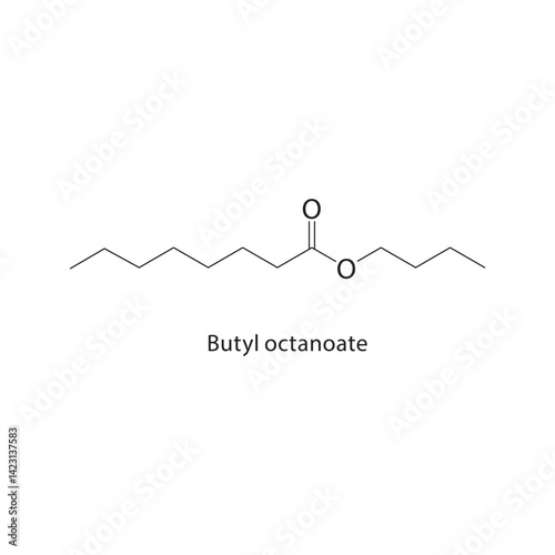 Butyl octanoate skeletal structure. Ester compound schematic illustration. Simple diagram, chemical formula.