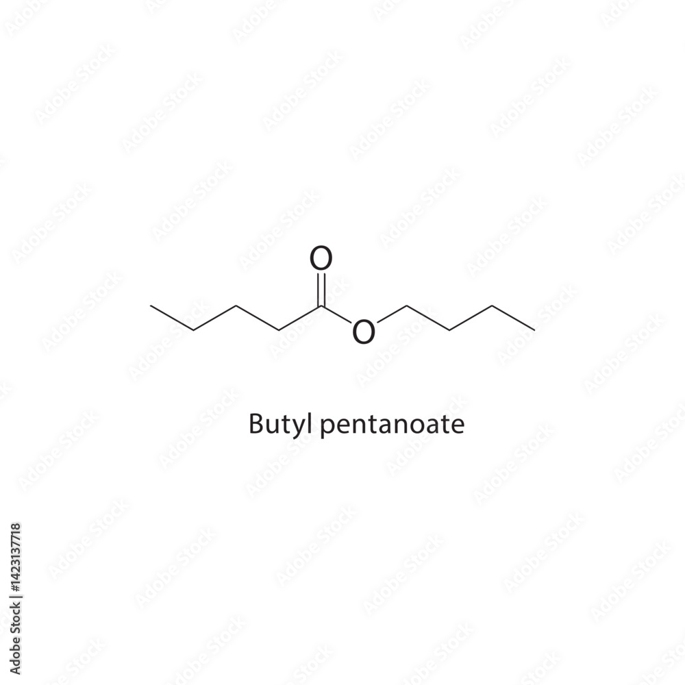 Butyl pentanoate skeletal structure. Ester compound schematic illustration. Simple diagram, chemical formula. Butyl pentanoate skeletal structure. Ester compound schematic illustration. Simple diagram, chemical formula.