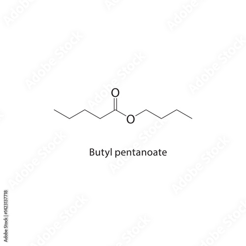 Butyl pentanoate skeletal structure. Ester compound schematic illustration. Simple diagram, chemical formula.