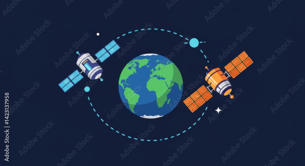 Naklejka premium Dual Satellites Orbiting Earth: Stylized Space Exploration Illustration
