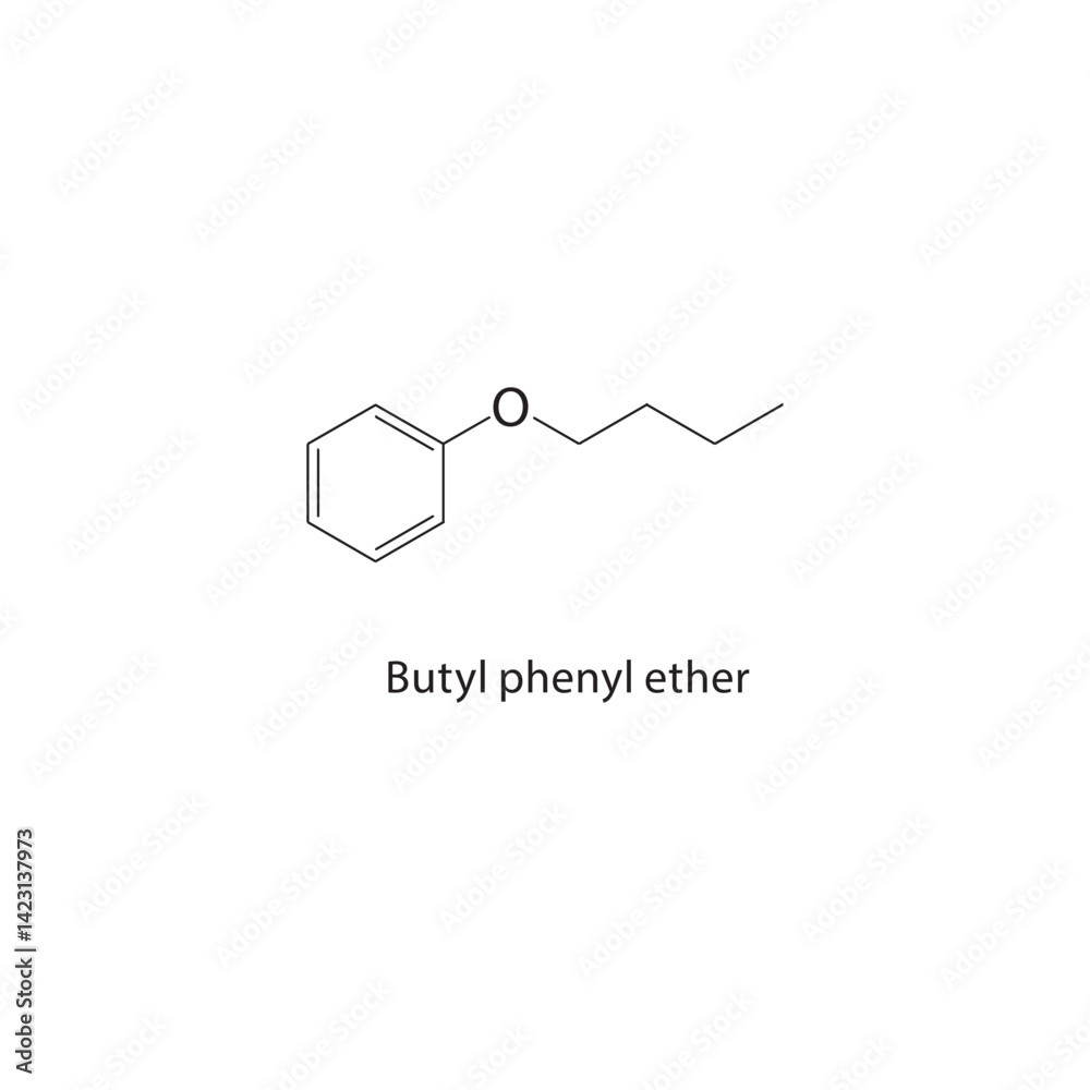 Butyl phenyl ether skeletal structure. Ether compound schematic illustration. Simple diagram, chemical formula. Butyl phenyl ether skeletal structure. Ether compound schematic illustration. Simple diagram, chemical formula.