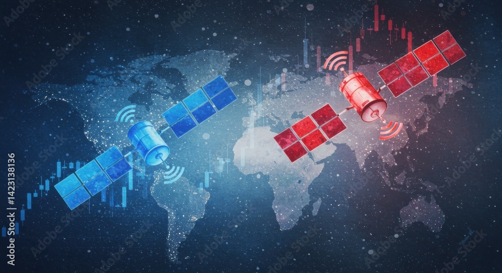 Naklejka premium Global Satellite Network: Red & Blue Communication, Market Trend Overlay