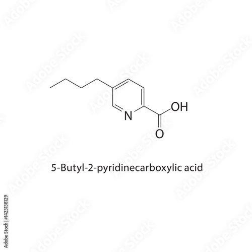 5-Butyl-2-pyridinecarboxylic acid skeletal structure. Pyridinecarboxylic acid compound schematic illustration. Simple diagram, chemical formula.