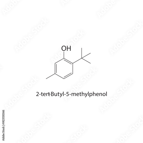 2-tert-Butyl-5-methylphenol skeletal structure. Phenol compound schematic illustration. Simple diagram, chemical formula.