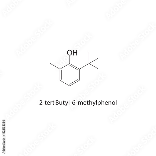 2-tert-Butyl-6-methylphenol skeletal structure. Phenol compound schematic illustration. Simple diagram, chemical formula.