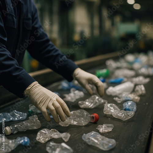 Recycling Process: Focused shot of hands in protective gloves meticulously sorting plastic bottles on a conveyor belt in a modern recycling facility.
