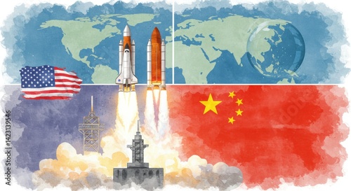 Watercolor Space Race: US & China Launch, Global Map Background