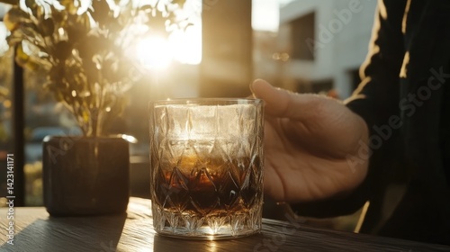 Iced drink, hand, sunset, cafe photo