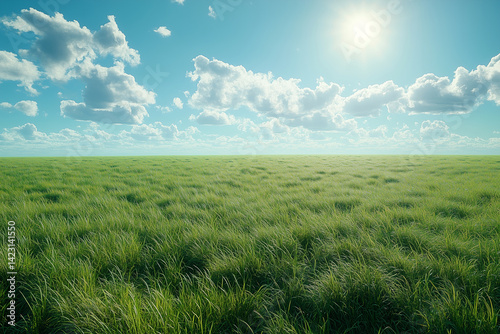 Sunlit prairie with swaying grasses beneath open sky, blue sky, warm breeze, lush grassland, serene meadow, bright daylight, sunlight, sunshine