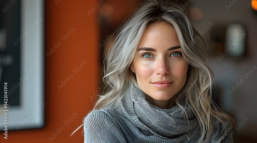 Fototapeta premium Woman with Medium Silver Hair in Gray Sweater on Coral Orange Background
