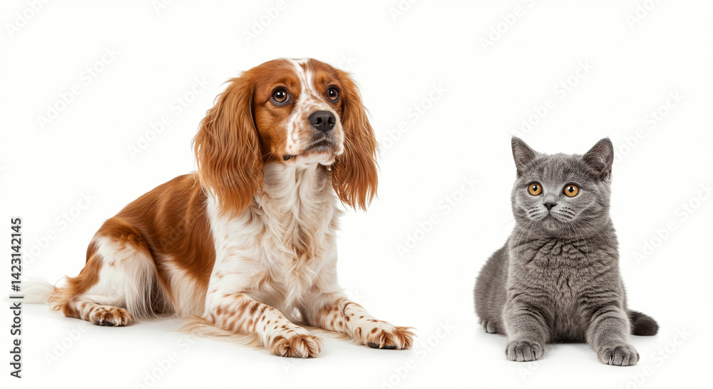 Fototapeta premium Dog and Cat Lying Together on White Background, Looking Up