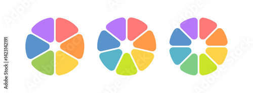 Circle division infographic icon. Pie chart divided six, seven and eight equal parts. 6, 7, 8 sectors icon. Color infographic flower round diagram. Vector illustration isolated on white background.