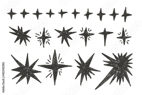 Twinkles y2k charcoal set. Stars sketch scribble collection. Space shine shapes and blings doodle pack. Comets and blinking. Vector hand drawn black pencil drawn illustration on white background.