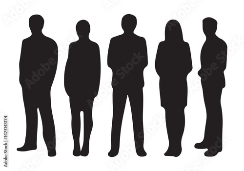 Vector silhouettes of men and a women, a group of standing business people, black color isolated on white background