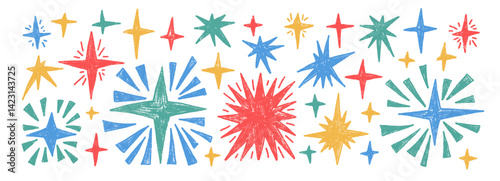Multi colors sparks stars set. Space shine shapes and blings pencil doodle pack. Comets and blinking collection. Vector hand drawn doodle illustration isolated on white background..