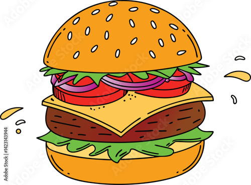 Cartoon Hamburger Vector Illustration with Vibrant Layers in Flat Minimalist Style