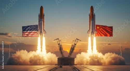Dual Space Launch: American and Chinese Flags at Sunrise