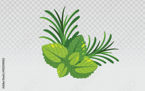 A small bunch of fresh green herbs is depicted against a transparent light gray checkered background. The collection includes broad, serrated mint leaves and slender sprigs of rosemary. Their vibrant 