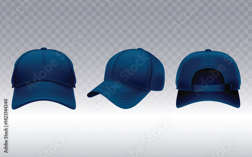 Three identical blue baseball caps are displayed in a row against a transparent light gray checkered background, each showing a different perspective. The cap on the left faces forward