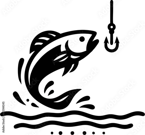 fish and fishing hook logo with small waves vector illustration