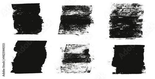 Grunge eroded textures set. Ink roller square background. Vintage rectangles imprint. Dry black brayer striped isolated on white background. Painted relief stains. Vector eroded abstract dirty form.