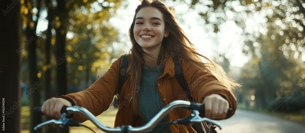 Obraz premium A joyful young woman rides a bicycle through a park on a sunny day.