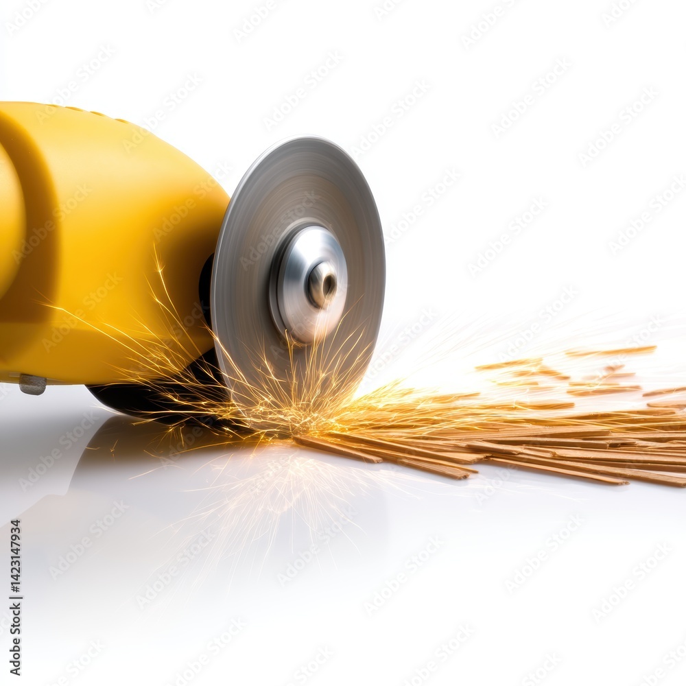 Fototapeta premium A yellow cutting tool generates sparks as it slices through metal, showcasing the power and precision of industrial equipment.