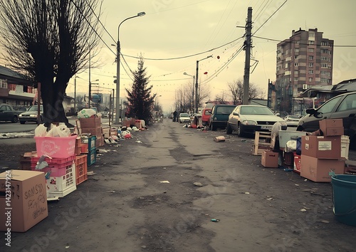 Urban Street Littered with Trash