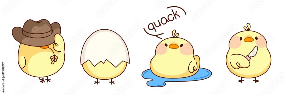 Obraz premium Comic kawaii chicken characters set isolated on white background. Vector cartoon illustration of funny yellow farm birds wearing cowboy hat, hatching eggshell, swimming in water lake, Easter mascots