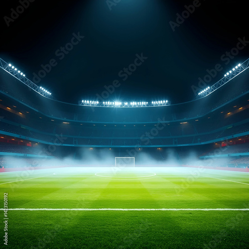 Textured soccer game field with neon fog center midfield Empty soccer stadium with spotlight
