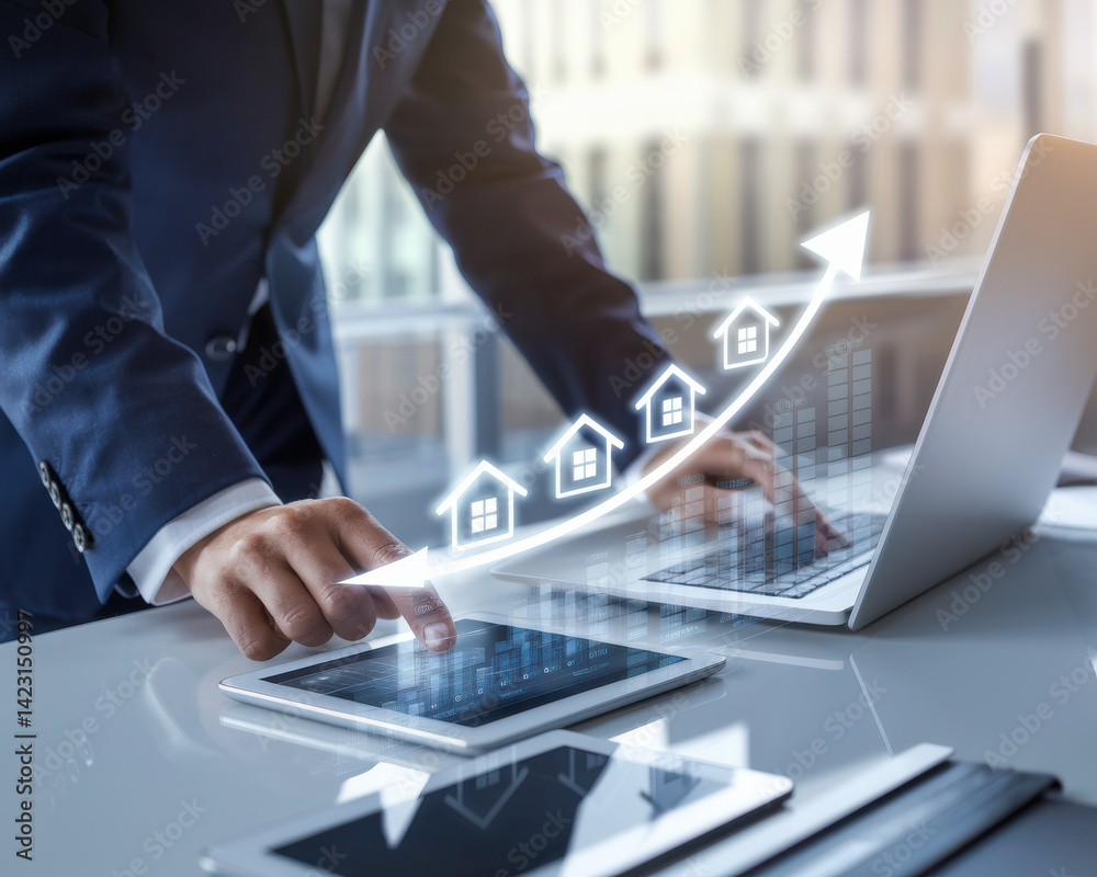 Fototapeta premium Business professional analyzing real estate market growth devices